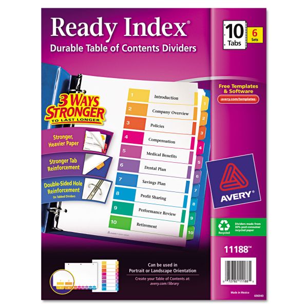 AVE11188 Avery Ready Index Customizable Table of Contents, Asst Dividers, 10-Tab, Ltr, 6 Sets