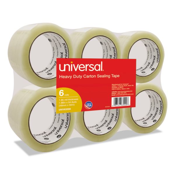 UNV63000 Universal General-Purpose Box Sealing Tape, 48mm x 54.8m, 3" Core, Clear, 6/Pack