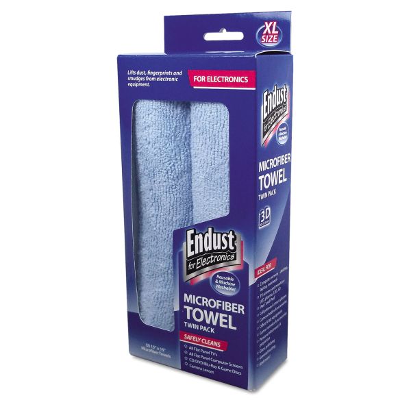 END11421 Endust for Electronics Large-Sized Microfiber Towels Two-Pack, 15 x 15, Unscented, Blue, 2/Pack