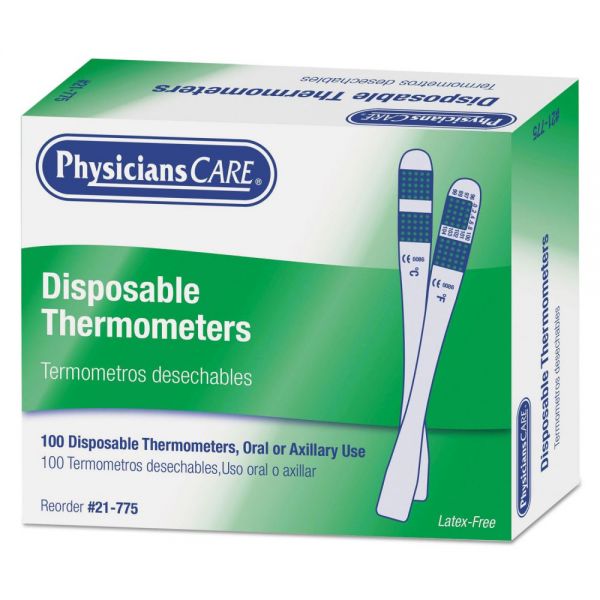 FAO21775 First Aid Only Disposable Thermometer, Dot-Matrix Phase-Change, 100/Box