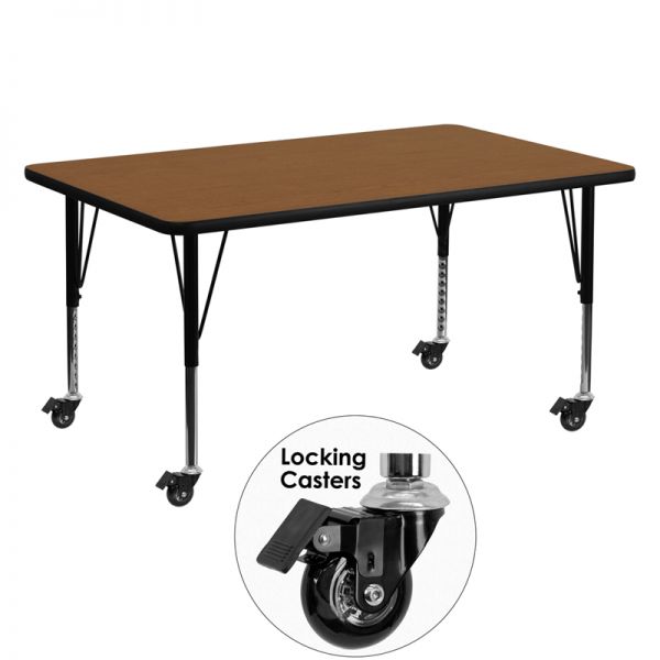 FHFXUA3060RECOAKHPCASGG Flash Furniture Mobile 30''W x 60''L Rectangular Activity Table with 1.25'' Thick High Pressure Oak Laminate Top and Height Adjustable Preschool Legs