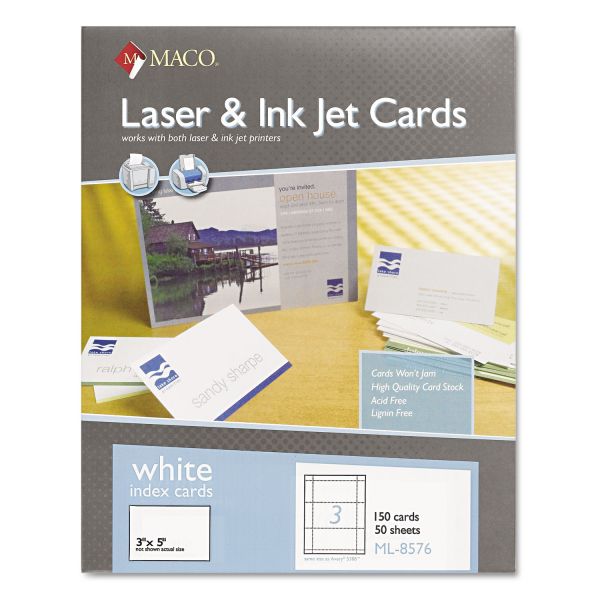 MACML8576 MACO Unruled Microperforated Laser/Ink Jet Index Cards, 3 x 5, White, 150/Box