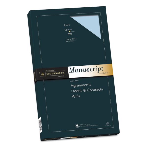 SOU41S Southworth 25% Cotton Manuscript Covers, Blue, 30lb, Wove, 9 x 15 1/2, 100 Sheets