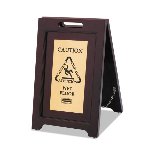 RCP1867507 Rubbermaid Commercial Executive 2-Sided Multi-Lingual Caution Sign, Brown/Brass, 15 x 23 1/2