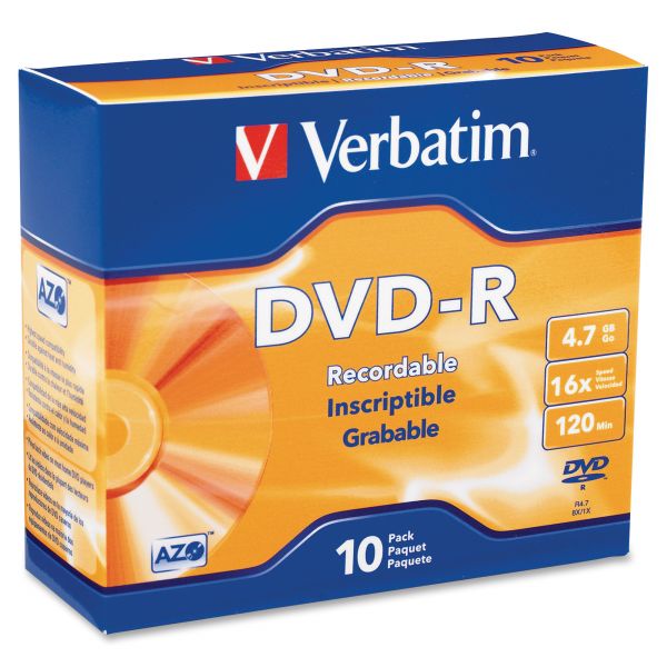VER95099 Verbatim DVD-R Discs, 4.7GB, 16x, w/Slim Jewel Cases, 10/Pack