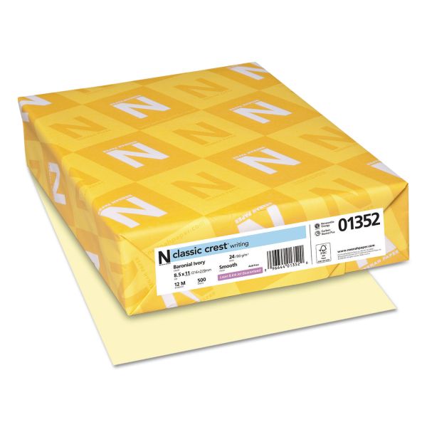 NEE01352 Neenah Paper CLASSIC CREST Writing Paper, 24lb, 8 1/2 x 11, Baronial Ivory, 500 Sheets