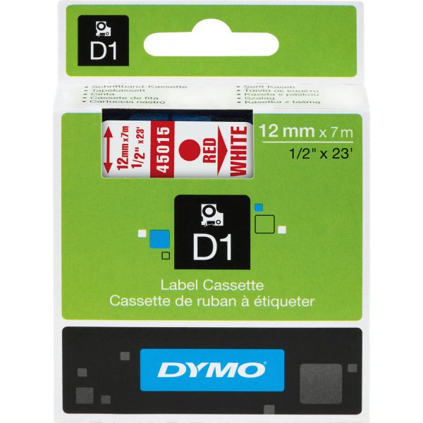 DYM45015 DYMO D1 High-Performance Polyester Removable Label Tape, 1/2" x 23 ft, Red on White