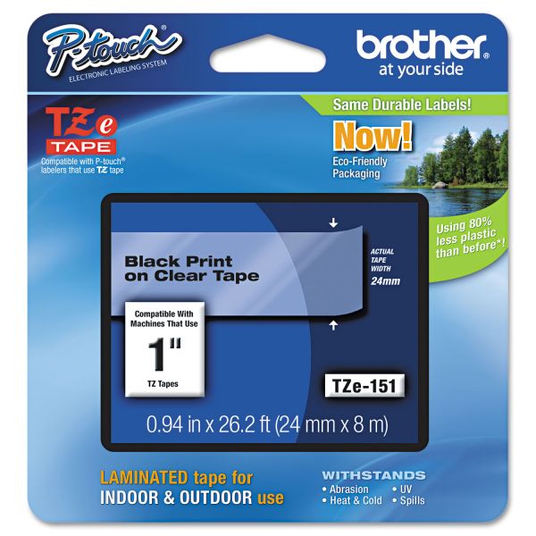 BRTTZE151 Brother P-Touch TZe Standard Adhesive Laminated Labeling Tape, 1"w, Black on Clear