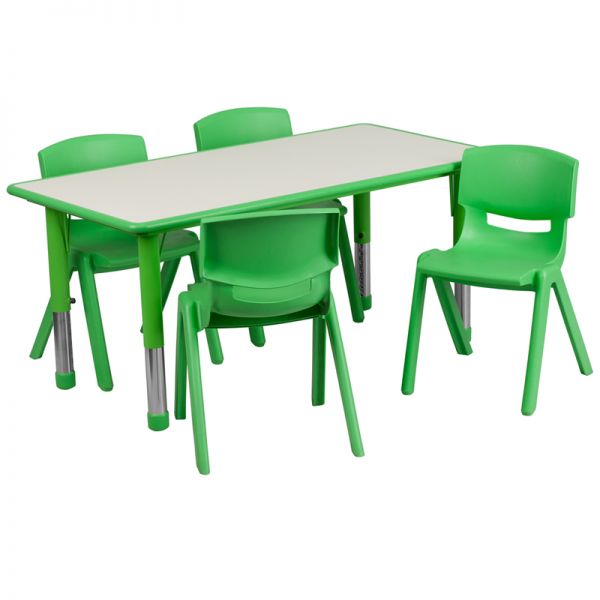 FHFYUYCY0600034RECTTBLGREENGG Flash Furniture 23.625''W x 47.25''L Adjustable Rectangular Green Plastic Activity Table Set with 4 School Stack Chairs