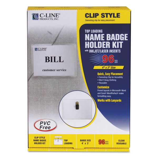 CLI95596 C-Line Name Badge Kits, Top Load, 4 x 3, Clear, Clip Style, 96/Box
