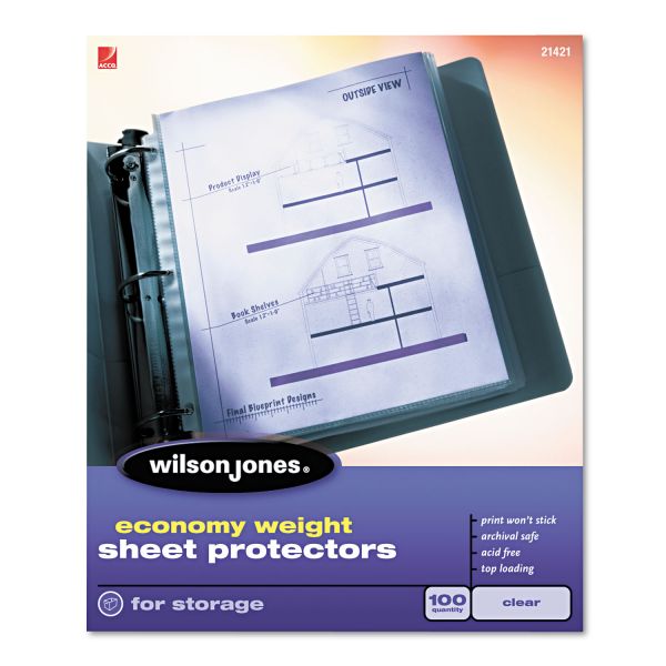 WLJ21421 Wilson Jones Top-Loading Sheet Protectors, Letter, Economy Weight, Clear, 100/Box