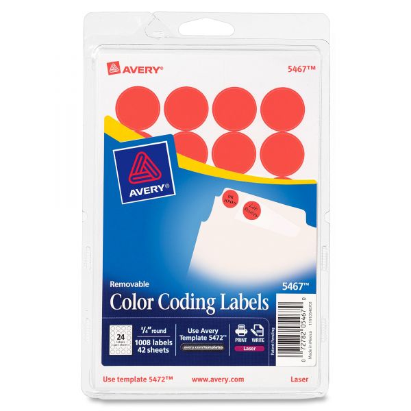AVE05467 Avery Printable Removable Color-Coding Labels, 3/4" dia, Neon Red, 1008/Pack
