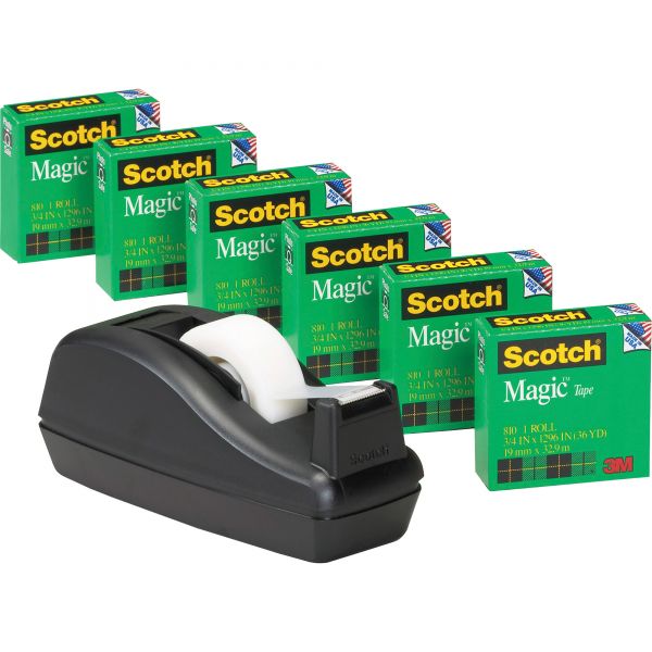 MMM810C40BK Scotch Magic Tape Value Pack w/C40 Dispenser, 3/4" x 1000", 1" Core, Clear, 6/Pack
