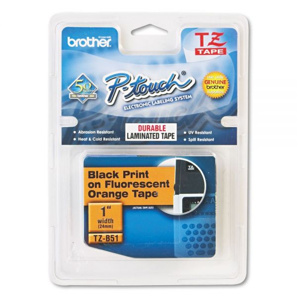 BRTTZEB51 Brother P-Touch TZ Standard Adhesive Laminated Labeling Tape, 1"w, Black on Fluorescent Orange