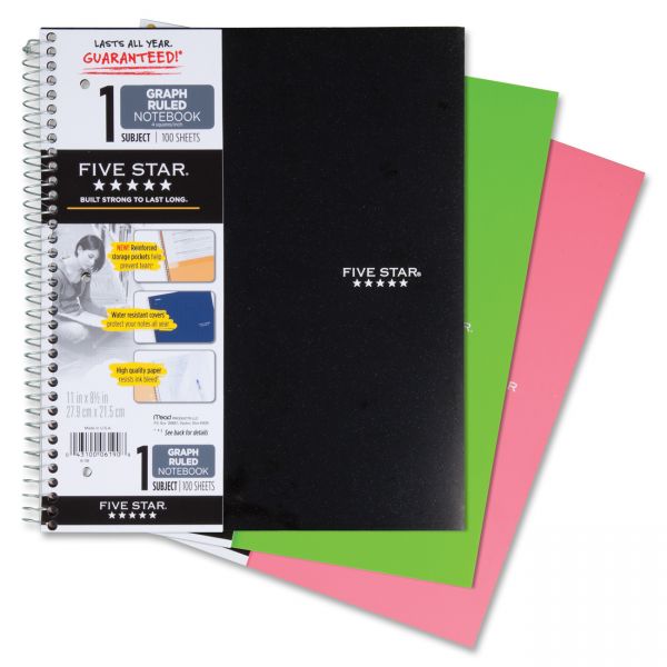 MEA06190 Five Star Wirebound Quadrille Notebook, 11 x 8 1/2, 100 Sheets, Assorted