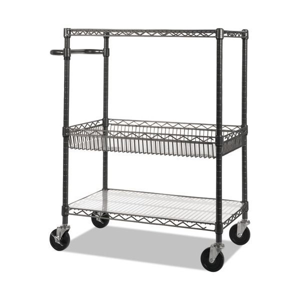 ALESW543018BA Alera Three-Tier Wire Cart with Basket, 34w x 18d x 40h, Black Anthracite
