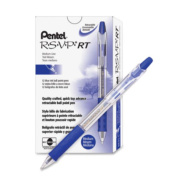 PENBK93C Pentel R.S.V.P. RT Retractable Ballpoint Pen, 1mm, Clear Barrel, Blue Ink, Dozen
