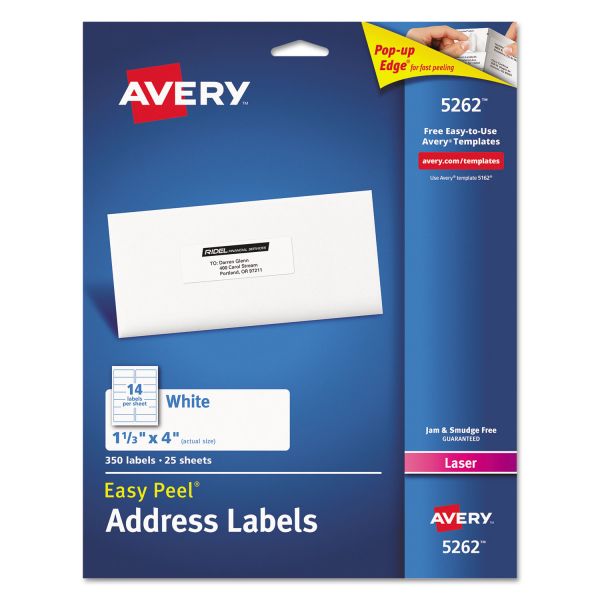 AVE5262 Avery Easy Peel Mailing Address Labels, Laser, 1 1/3 x 4, White, 350/Pack