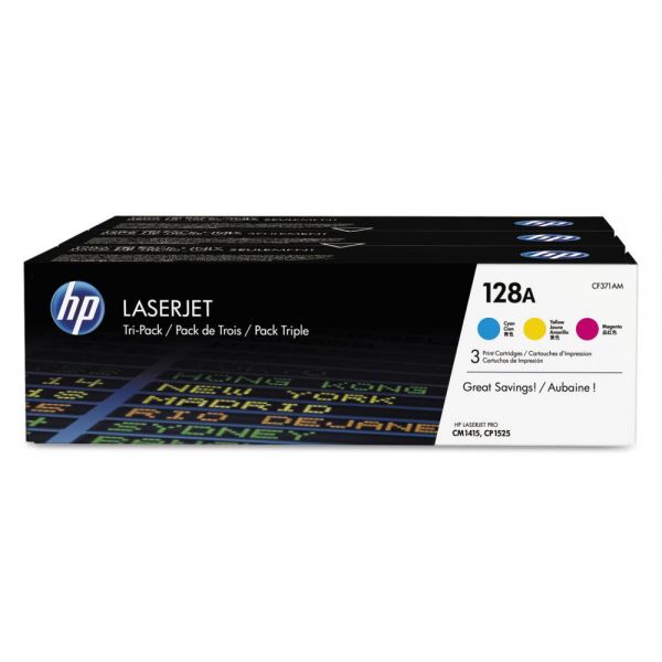 HEWCF371AM HP 128A, (CF371A-M) 3-pk Cyan/Magenta/Yellow Original LaserJet Toner Cartridges