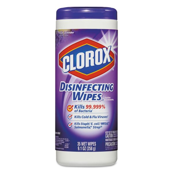 CLO01654CT Clorox Disinfecting Wipes, 7 x 8, Fresh Lavender, 35/Canister, 12/Carton