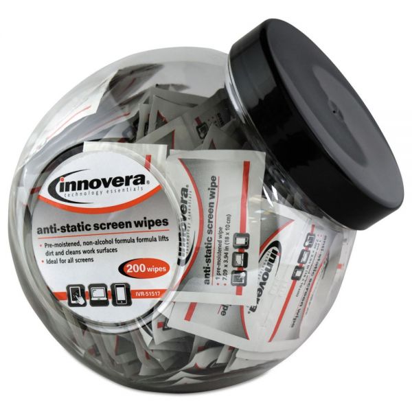IVR51517 Innovera Anti-Static Screen Cleaning Wipes, 200 Sachets, Fishbowl Black Top