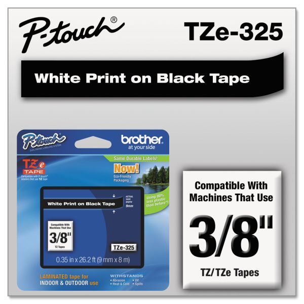 BRTTZE325 Brother P-Touch TZe Standard Adhesive Laminated Labeling Tape, 3/8"w, White on Black