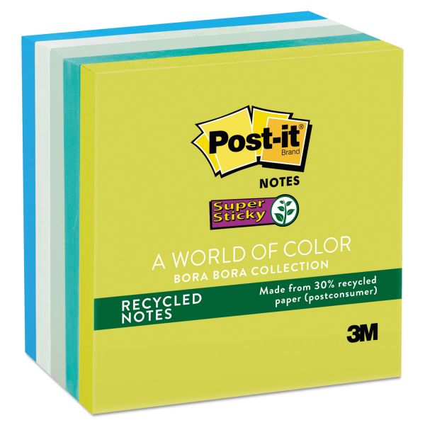 MMM6545SST Post-it Notes Super Sticky Recycled Notes in Bora Bora Colors, 3 x 3, 90-Sheet, 5/Pack