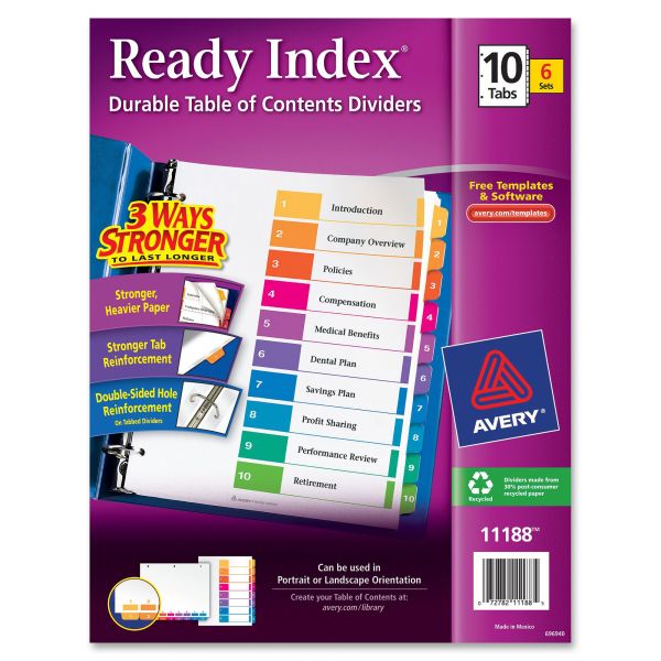 AVE11188 Avery Ready Index Customizable Table of Contents, Asst Dividers, 10-Tab, Ltr, 6 Sets