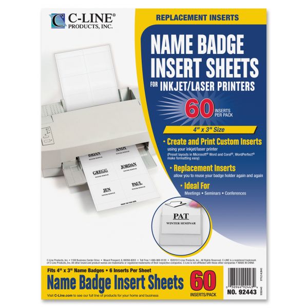 CLI92443 C-Line Name Badge Inserts, 4 x 3, White, 60/Pack