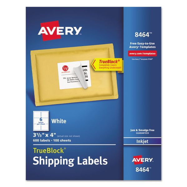 AVE8464 Avery Shipping Labels with TrueBlock Technology, Inkjet, 3 1/3 x 4, White, 600/Box