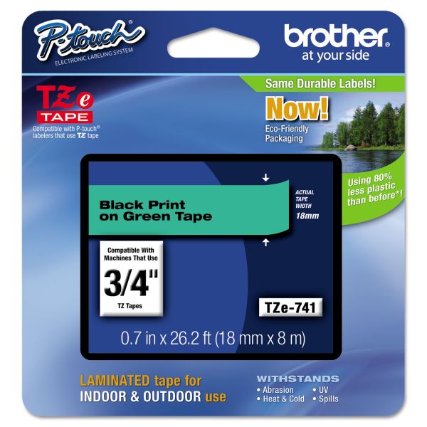 BRTTZE741 Brother P-Touch TZe Standard Adhesive Laminated Labeling Tape, 7/10", Black on Green