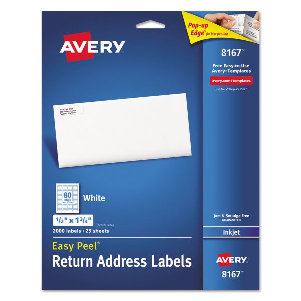 AVE8167 Avery Easy Peel Return Address Labels, Inkjet, 1/2 x 1 3/4, White, 2000/Pack