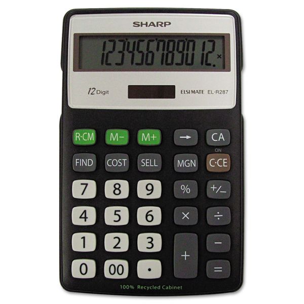 SHRELR287BBK Sharp EL-R287BBK Recycled Series Calculator w/Kickstand, 12-Digit LCD