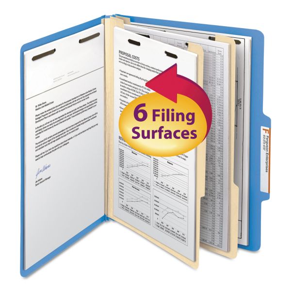 SMD14001 Smead Top Tab Classification Folder, Two Dividers, Six-Sections, Letter, Blue, 10/Box
