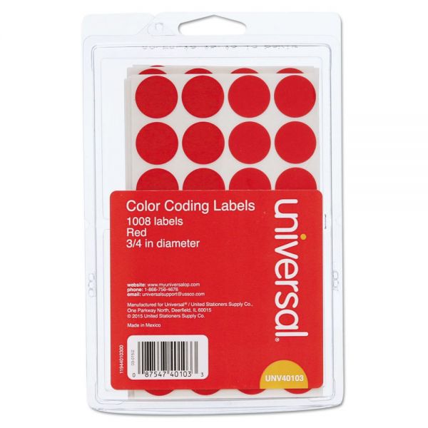 UNV40103 Universal Self-Adhesive Removable Color-Coding Labels, 3/4" dia, Red, 1008/Pack