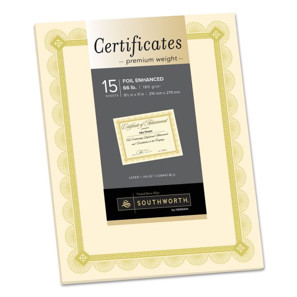 SOUCTP2V Southworth Premium Certificates, Ivory, Spiro Gold Foil Border, 66 lb, 8.5 x 11, 15/Pack