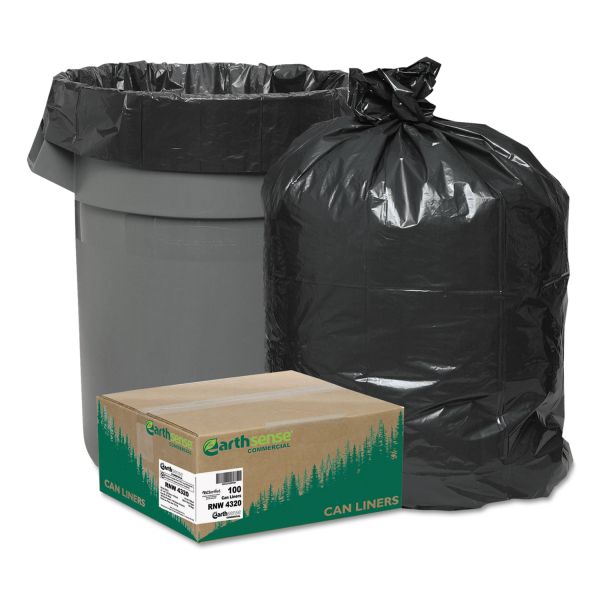 WBIRNW4320 Earthsense Commercial Recycled Can Liners, 56gal, 2mil, 43 x 47, Black, 100/Carton