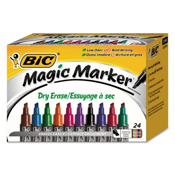 BICGELITP241AST BIC Magic Marker Low Odor & Bold Writing Dry Erase Marker, Chisel, Assorted, 24/PK