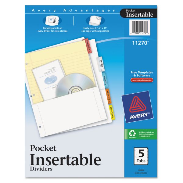 AVE11270 Avery Insertable Dividers w/Single Pockets, 5-Tab, 11 1/4 x 9 1/8