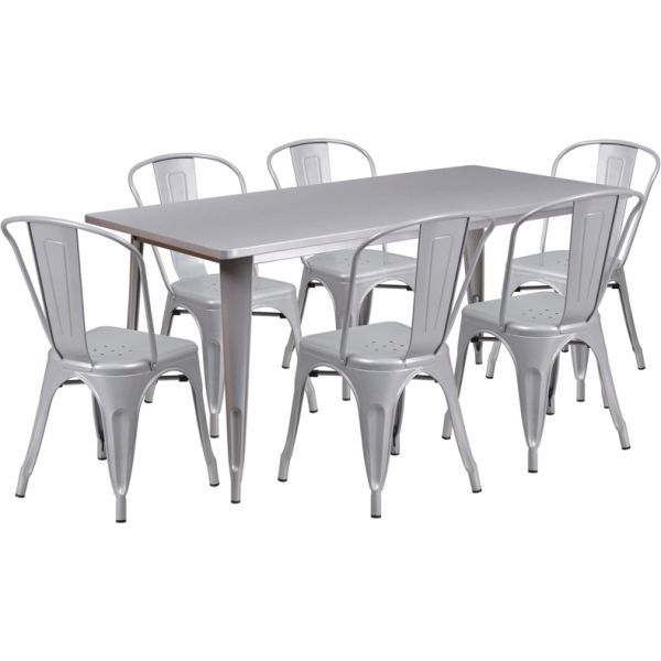 FHFETCT005630SILGG Flash Furniture 31.5'' x 63'' Rectangular Silver Metal Indoor-Outdoor Table Set with 6 Stack Chairs