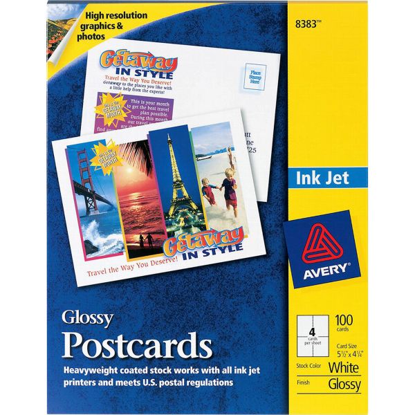 AVE8383 Avery Photo-Quality Glossy Postcards for Inkjet Printers, 4 1/4 x 5 1/2, White, 100/Pk