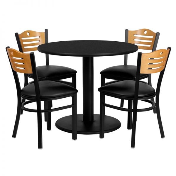 FHFMD0009GG Flash Furniture 36'' Round Black Laminate Table Set with 4 Wood Slat Back Metal Chairs - Black Vinyl Seat