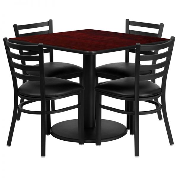 FHFRSRB1014GG Flash Furniture 36'' Square Mahogany Laminate Table Set with 4 Ladder Back Metal Chairs - Black Vinyl Seat