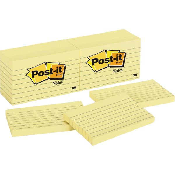 MMM635YW Post-it Notes Original Pads in Canary Yellow, 3 x 5, Lined, 100-Sheet, 12/Pack
