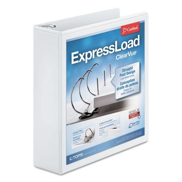 CRD49120 Cardinal ExpressLoad ClearVue Locking 3-Ring View Binder, 2" Capacity, D-Ring, White