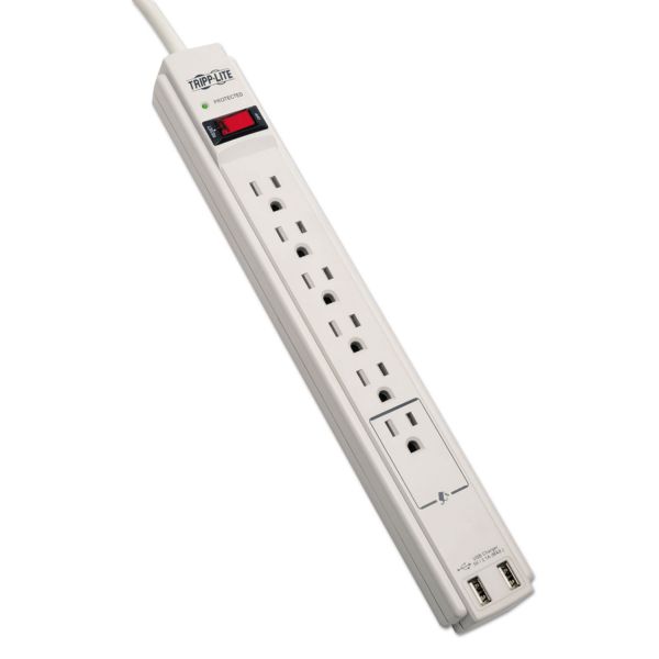 TRPTLP606USB Tripp Lite Protect It! Surge Suppressor, 6 Outlets, 6 ft Cord, 990 Joules, Cool Gray