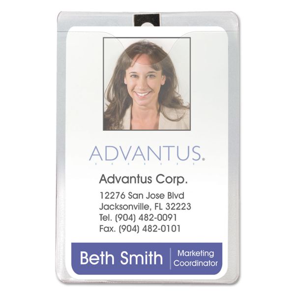 AVT75457 Advantus ID Badge Holder w/Clip, Vertical, 3w x 4h, Clear, 50/Pack