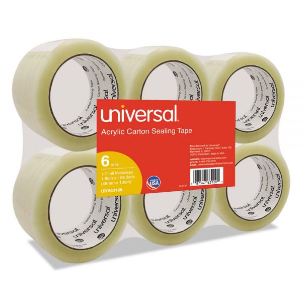 UNV63120 Universal General-Purpose Acrylic Box Sealing Tape, 48mm x 100m, 3" Core, Clear, 6/Pack