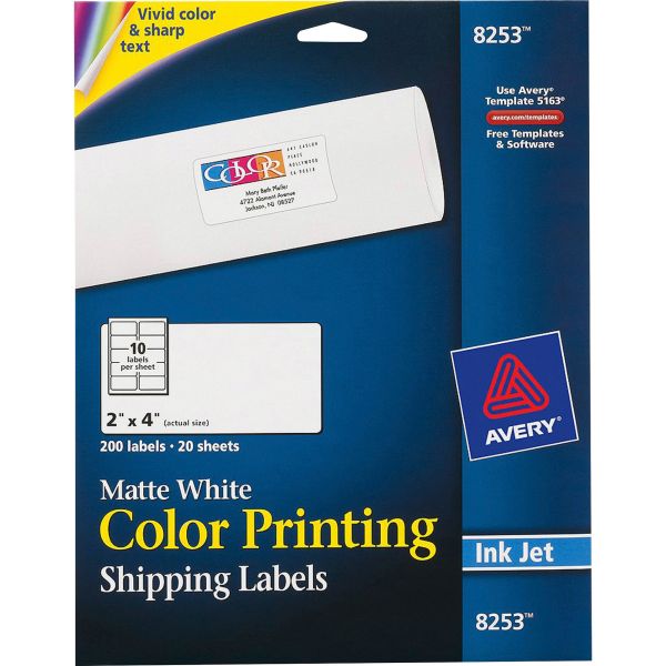 AVE8253 Avery Vibrant Color-Printing Shipping Labels, 2 x 4, Matte White, 200/Pack