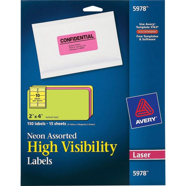 AVE5978 Avery High-Visibility Permanent ID Labels, Laser, 2 x 4, Asst. Neon, 150/Pack